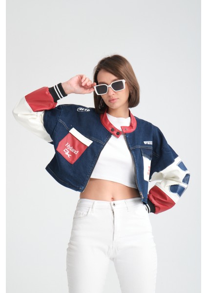 Kadın Oversize Baskılı Kolları Deri Beden Kot Ceket Motorcu Yarışçı Mont Ceket indirimleri