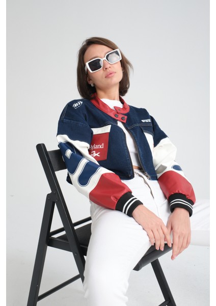 Kadın Oversize Baskılı Kolları Deri Beden Kot Ceket Motorcu Yarışçı Mont Ceket