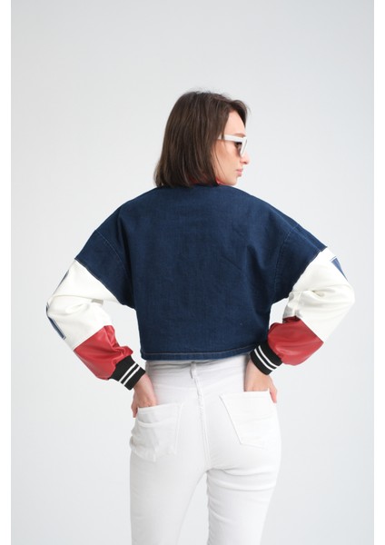 Kadın Oversize Baskılı Kolları Deri Beden Kot Ceket Motorcu Yarışçı Mont Ceket