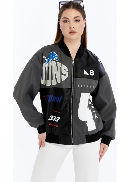 Kadın Oversize Baskılı Deri Motorcu Montu Fermuarlı Yarışçı Ceket Astarlı Bomber Kolej Mont