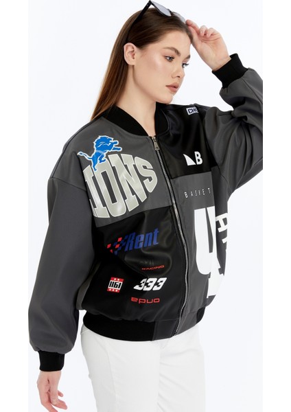 Kadın Oversize Baskılı Deri Motorcu Montu Fermuarlı Yarışçı Ceket Astarlı Bomber Kolej Mont fiyatları