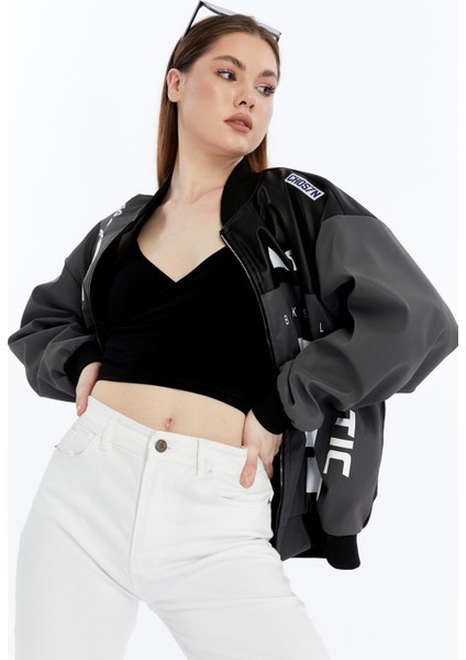 Kadın Oversize Baskılı Deri Motorcu Montu Fermuarlı Yarışçı Ceket Astarlı Bomber Kolej Mont modelleri