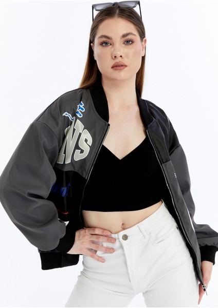 Kadın Oversize Baskılı Deri Motorcu Montu Fermuarlı Yarışçı Ceket Astarlı Bomber Kolej Mont fırsatları