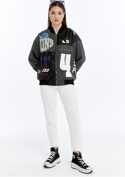 Kadın Oversize Baskılı Deri Motorcu Montu Fermuarlı Yarışçı Ceket Astarlı Bomber Kolej Mont