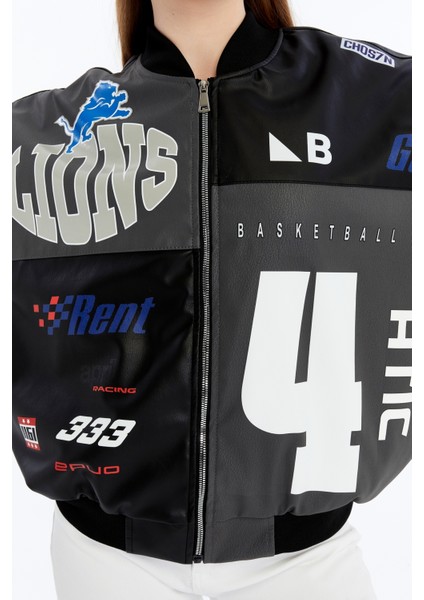 Kadın Oversize Baskılı Deri Motorcu Montu Fermuarlı Yarışçı Ceket Astarlı Bomber Kolej Mont