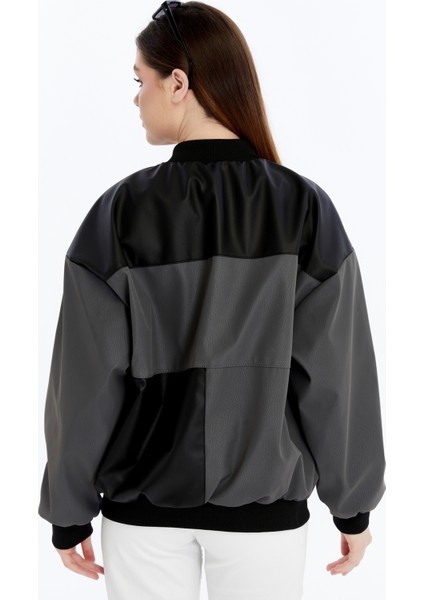 Kadın Oversize Baskılı Deri Motorcu Montu Fermuarlı Yarışçı Ceket Astarlı Bomber Kolej Mont