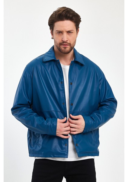 Erkek Deri Gömlek Çıt Çıt Kapamalı Su Geçirmez 2 Yan Cep Günlük Deri Gömlek Ceket