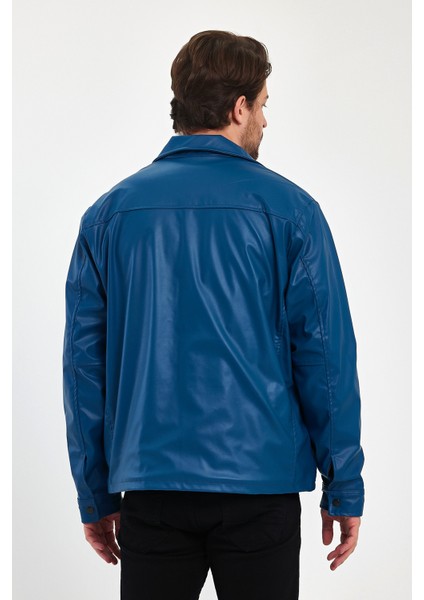 Erkek Deri Gömlek Çıt Çıt Kapamalı Su Geçirmez 2 Yan Cep Günlük Deri Gömlek Ceket