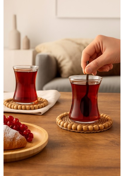 Hasır Boncuklu Bardak Altlığı Hasır Nihale Boncuklu 6 Adet 10CM