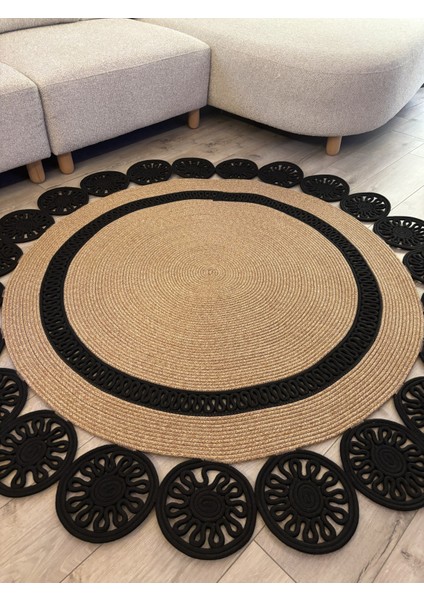 Buganvilla Hasır-Siyah Jüt Çiçek Desenli El Dokuma Antre Salon Mutfak Yatak Odası Kilim Paspas modelleri