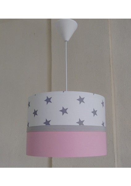 Beyaz Yıldızlı Pembe M-485 Kumaş Kaplama Çocuk Odası Genç ve Bebek Odası Avize Aydınlatma Sarkıt