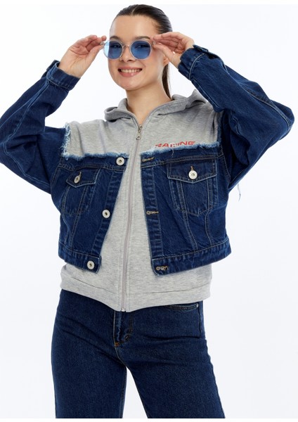 Kadın Oversize Penye ve Kot Garnili Ceket Fermuarlı Kolej Mont Baskılı Günlük Kullanım Kot Ceket