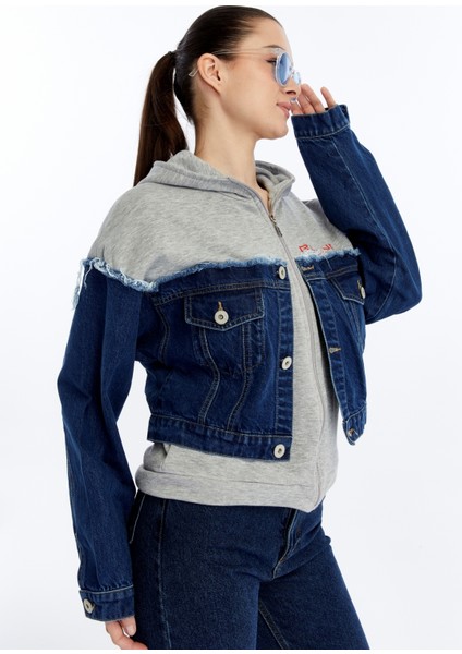 Kadın Oversize Penye ve Kot Garnili Ceket Fermuarlı Kolej Mont Baskılı Günlük Kullanım Kot Ceket modelleri