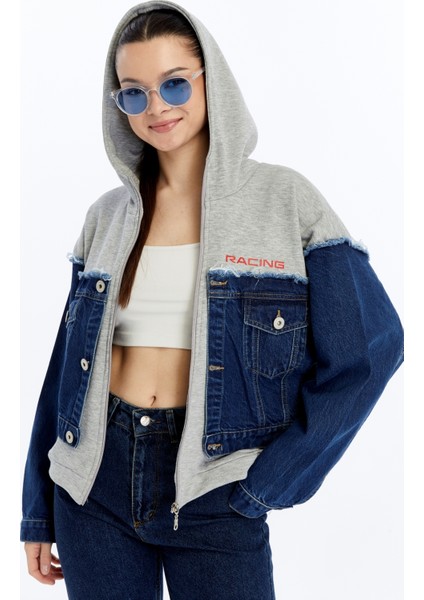 Kadın Oversize Penye ve Kot Garnili Ceket Fermuarlı Kolej Mont Baskılı Günlük Kullanım Kot Ceket fırsatları