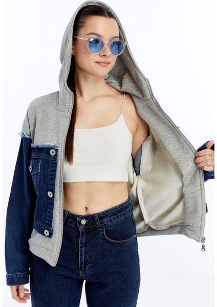 Kadın Oversize Penye ve Kot Garnili Ceket Fermuarlı Kolej Mont Baskılı Günlük Kullanım Kot Ceket indirimleri