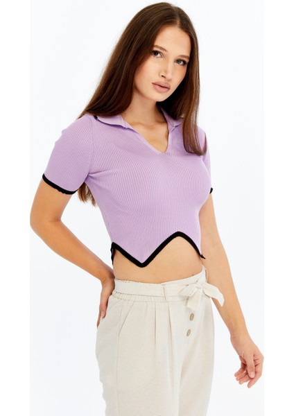 Kadın Polo Yaka V Yaka Triko Crop Bluz – Asimetrik Kesim Kısa Kollu