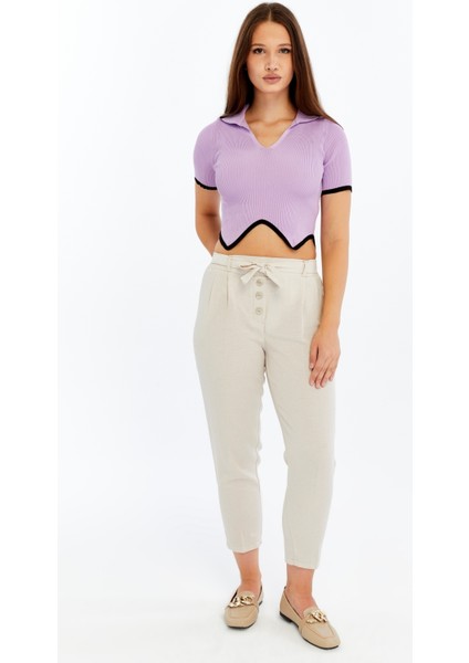 Kadın Polo Yaka V Yaka Triko Crop Bluz – Asimetrik Kesim Kısa Kollu fiyatları