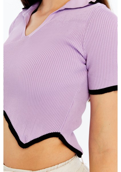 Kadın Polo Yaka V Yaka Triko Crop Bluz – Asimetrik Kesim Kısa Kollu indirimleri