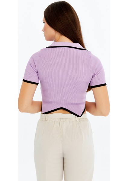 Kadın Polo Yaka V Yaka Triko Crop Bluz – Asimetrik Kesim Kısa Kollu