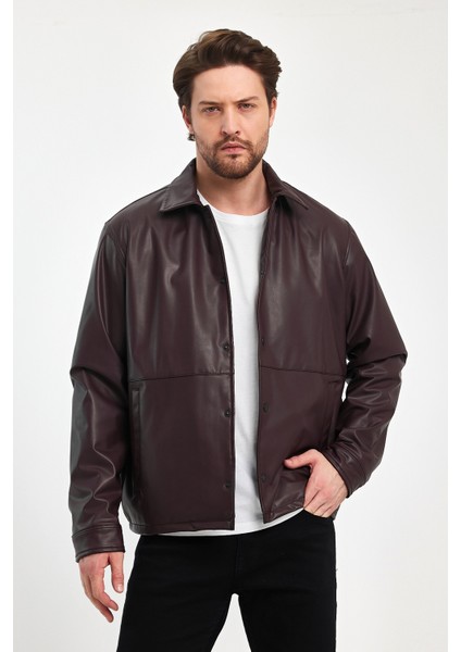 Erkek Deri Gömlek Çıt Çıt Kapamalı Su Geçirmez 2 Yan Cep Günlük Deri Gömlek Ceket