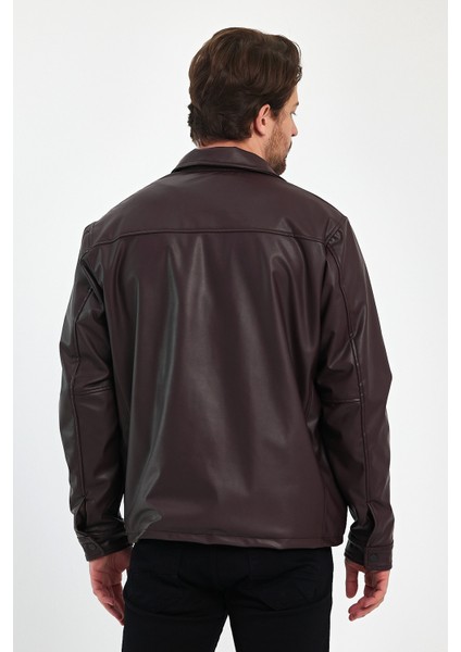 Erkek Deri Gömlek Çıt Çıt Kapamalı Su Geçirmez 2 Yan Cep Günlük Deri Gömlek Ceket