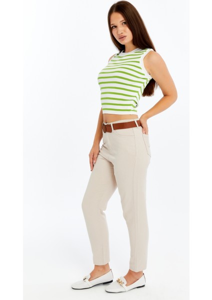 Kadın Yüksek Bel Dar Paça Krem Pantolon – Günlük & Şık Kombinler Için