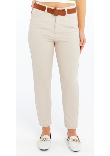 Kadın Yüksek Bel Dar Paça Krem Pantolon – Günlük & Şık Kombinler Için