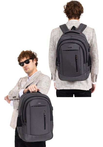 Okul ve Günlük Gri Erkek Sırt Çantası USB Type-C Aparat Ortopedik Sırt ve Omuz Askısı 14-15,6 Inç