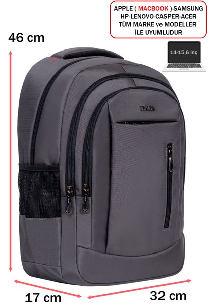 Okul ve Günlük Gri Erkek Sırt Çantası USB Type-C Aparat Ortopedik Sırt ve Omuz Askısı 14-15,6 Inç modelleri