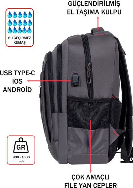 Okul ve Günlük Gri Erkek Sırt Çantası USB Type-C Aparat Ortopedik Sırt ve Omuz Askısı 14-15,6 Inç fırsatları