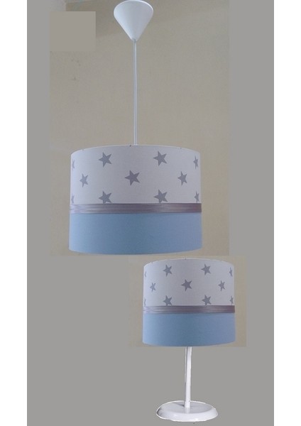 Beyaz Yıldızlı M-489 Mavi 2.li Set Kumaş Kaplama Genç ve Çocuk Odası Avize ve Abajur Takımı