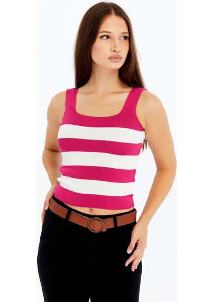 Kadın Çizgili Triko Kare Yaka Crop Atlet – Fuşya Beyaz Askılı Bluz