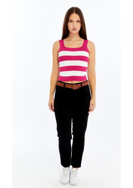 Kadın Çizgili Triko Kare Yaka Crop Atlet – Fuşya Beyaz Askılı Bluz modelleri