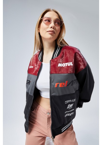 Kadın Oversize Baskılı Motorcu Yarışçı Montu Kolej Ceketi