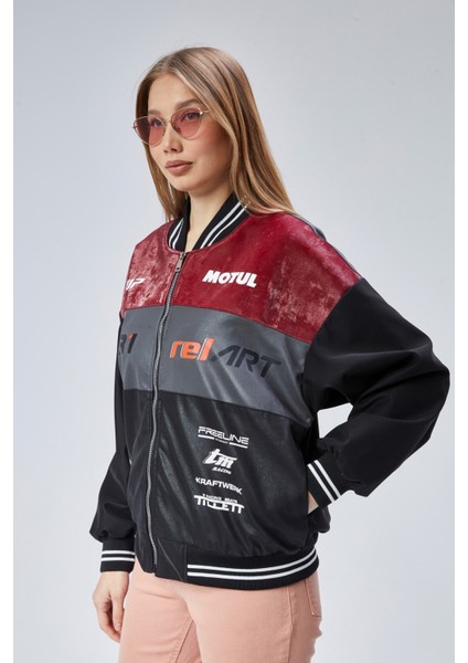 Kadın Oversize Baskılı Motorcu Yarışçı Montu Kolej Ceketi fiyatları