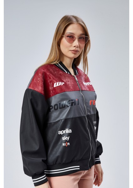 Kadın Oversize Baskılı Motorcu Yarışçı Montu Kolej Ceketi modelleri