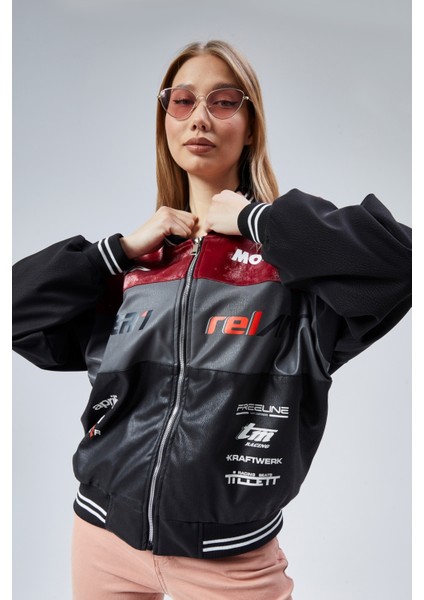 Kadın Oversize Baskılı Motorcu Yarışçı Montu Kolej Ceketi fırsatları