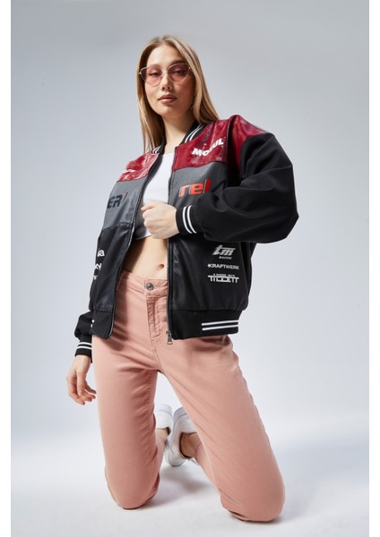 Kadın Oversize Baskılı Motorcu Yarışçı Montu Kolej Ceketi indirimleri