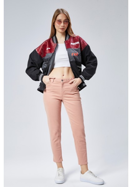 Kadın Oversize Baskılı Motorcu Yarışçı Montu Kolej Ceketi