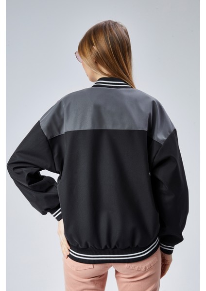 Kadın Oversize Baskılı Motorcu Yarışçı Montu Kolej Ceketi