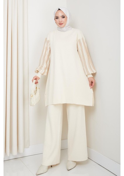 Balon Kollu Simli Triko Tunik Pantolon Takım