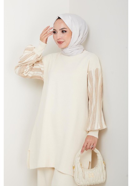 Balon Kollu Simli Triko Tunik Pantolon Takım modelleri