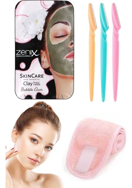 3'lü Set Spor Yoğa Makyaj Havlu Saç Bandı Kaş Bıyık Epilasyon Jileti Cilt Bakım Maskesi Seti