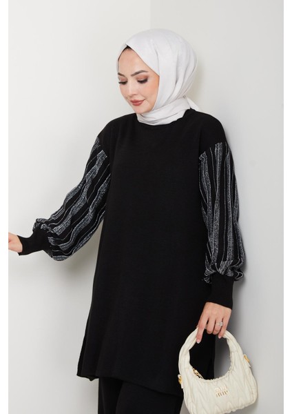 Balon Kollu Simli Triko Tunik Pantolon Takım modelleri