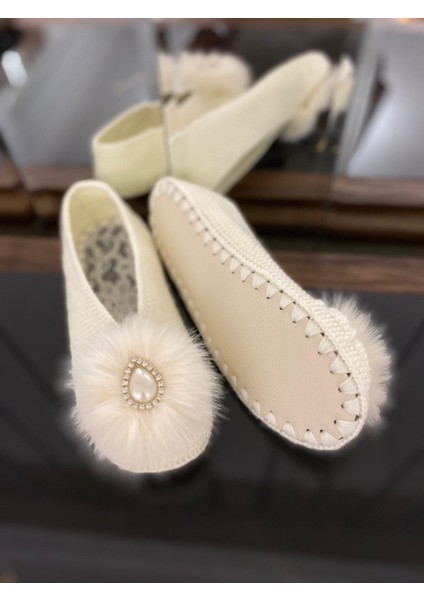 Beyoğlu Inci Taşlı El Örgüsü Kadın Ev Patik Babet – Krem Renk fırsatları