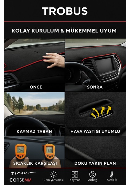Ford Transit Custom 2020+ - 3D Torpido Koruma Kılıfı - Ön Göğüs Kaplama - Siyah Şerit Trobus Transit indirimleri
