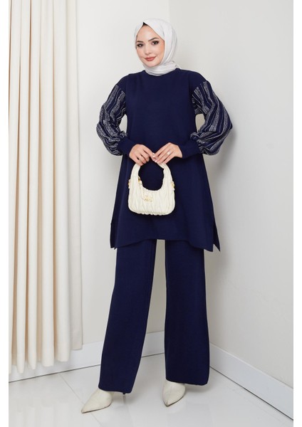 Balon Kollu Simli Triko Tunik Pantolon Takım