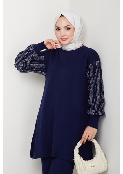 Balon Kollu Simli Triko Tunik Pantolon Takım modelleri