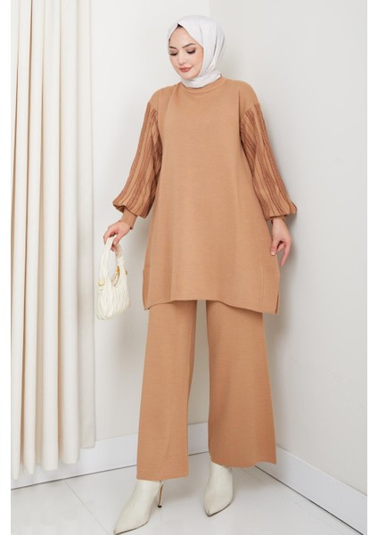 Balon Kollu Simli Triko Tunik Pantolon Takım