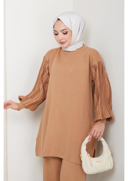 Balon Kollu Simli Triko Tunik Pantolon Takım modelleri